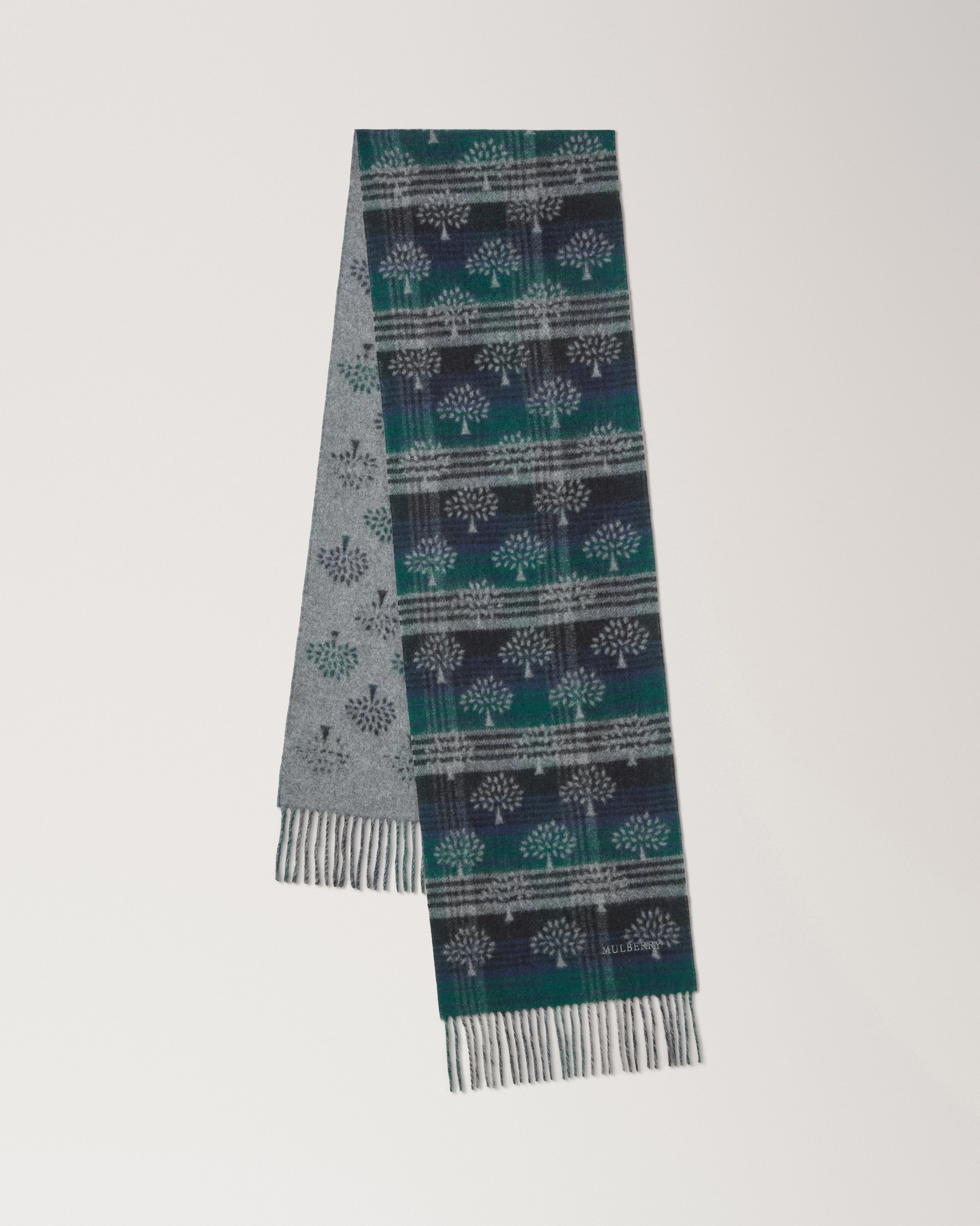 Mulberry Heritage Check & Tree Scarf Mulberry Green & Night Sky Wool - 1