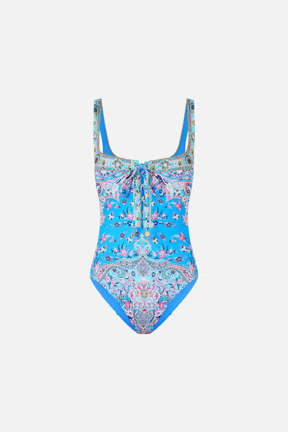 LACE UP UNDERWIRE SQUARE NECK ONE PIECE - 1