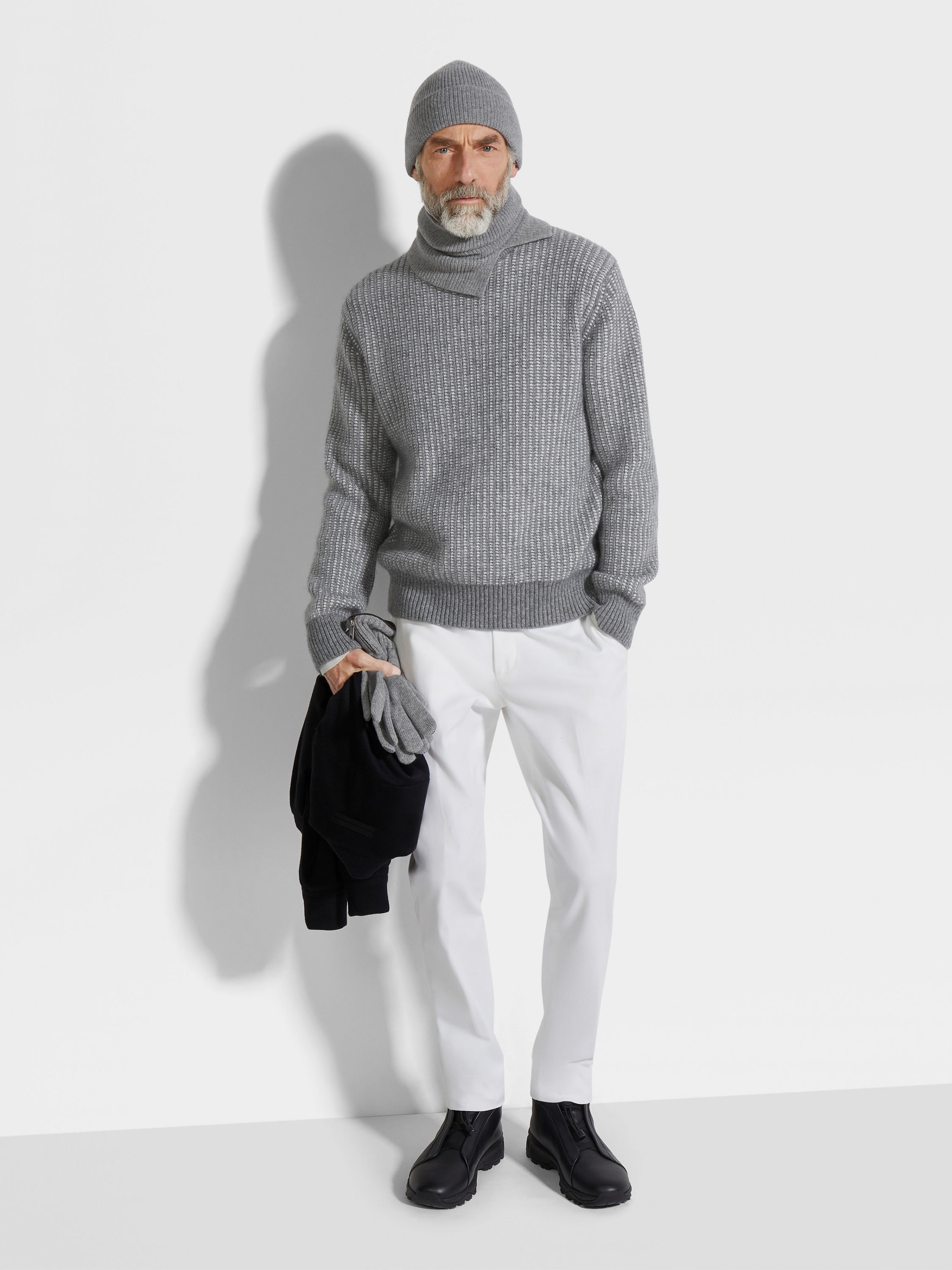 GREY AND WHITE CASHMERE MOHAIR AND SILK CREWNECK - 3