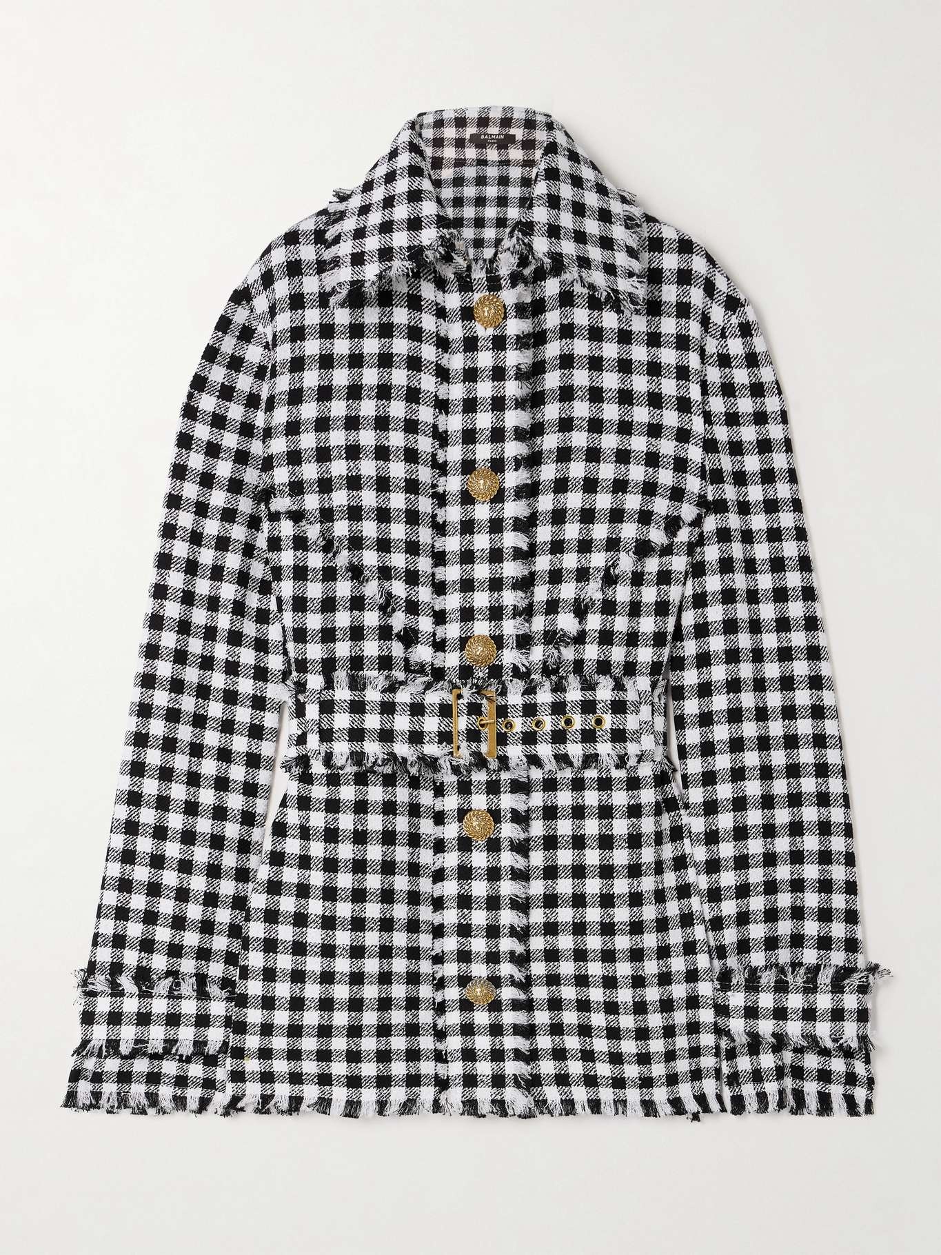 Belted frayed houndstooth cotton-blend tweed overshirt - 1