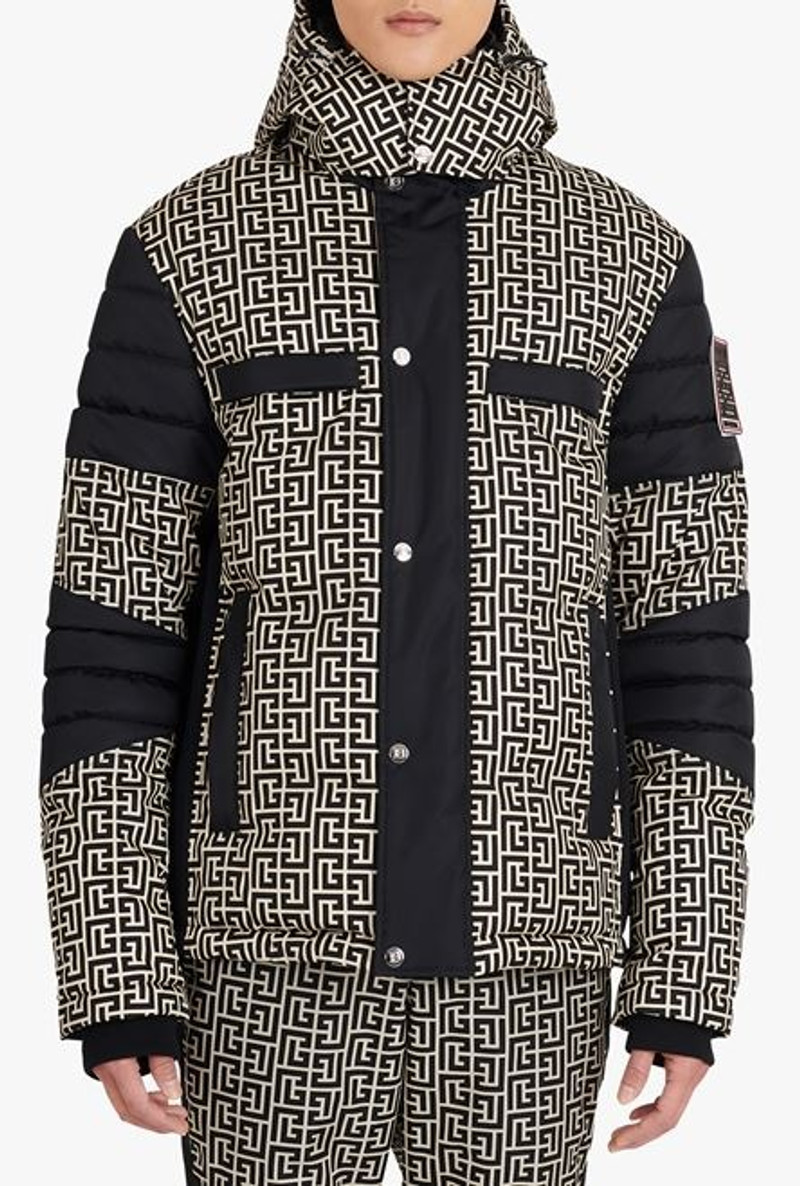 Balmain x Rossignol - Ivory and black nylon quilted coat with Balmain monogram 6