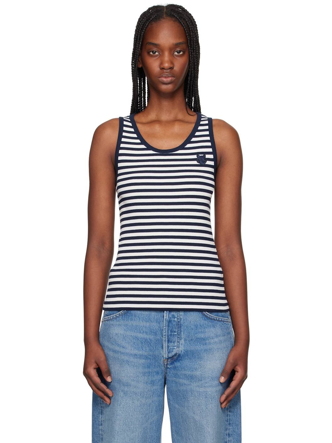 Navy & Off-White Bold Fox Patch Multi Stripes Ribbed Tank Top - 1