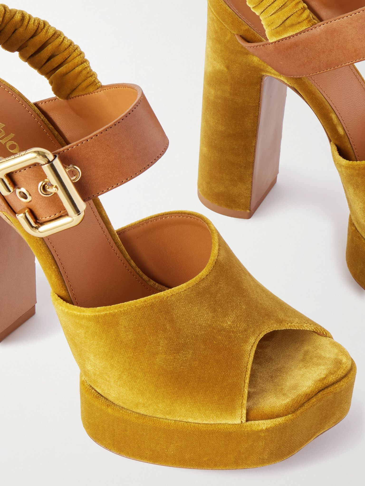 Paddington leather-trimmed velvet platform sandals Mustard - 4
