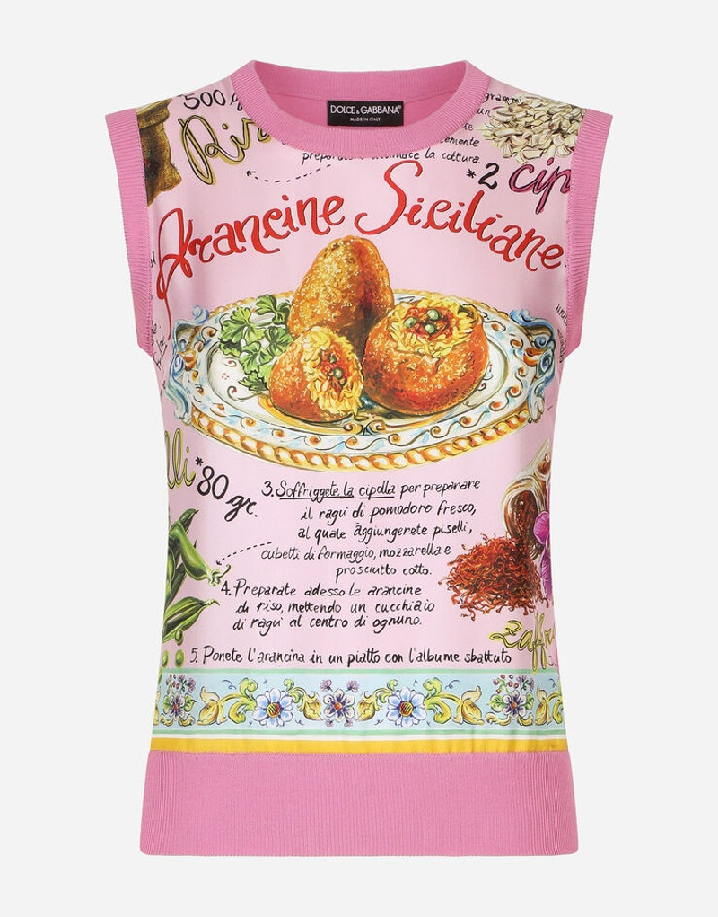 Sleeveless silk and twill sweater with arancini print 4