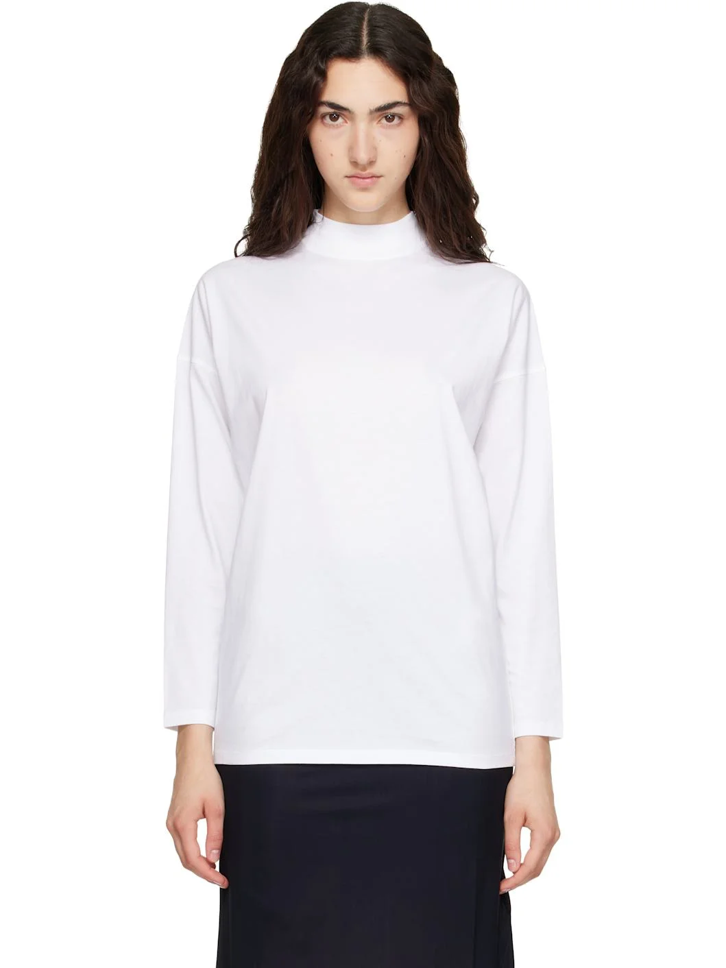 White Long Sleeves Mock Neck Boxy Fit T-shirt - 1
