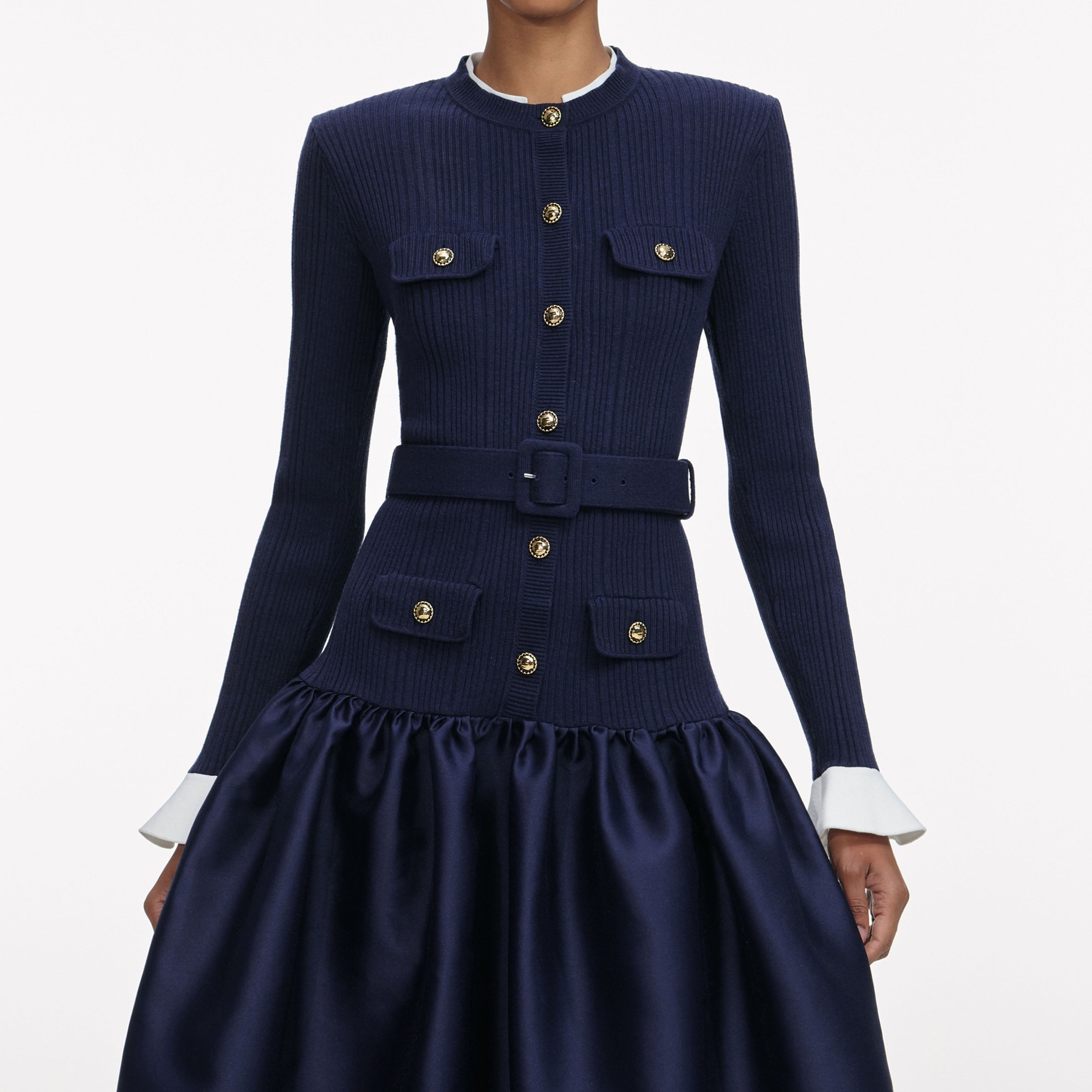 Navy Knit Taffeta Midi Dress - 4