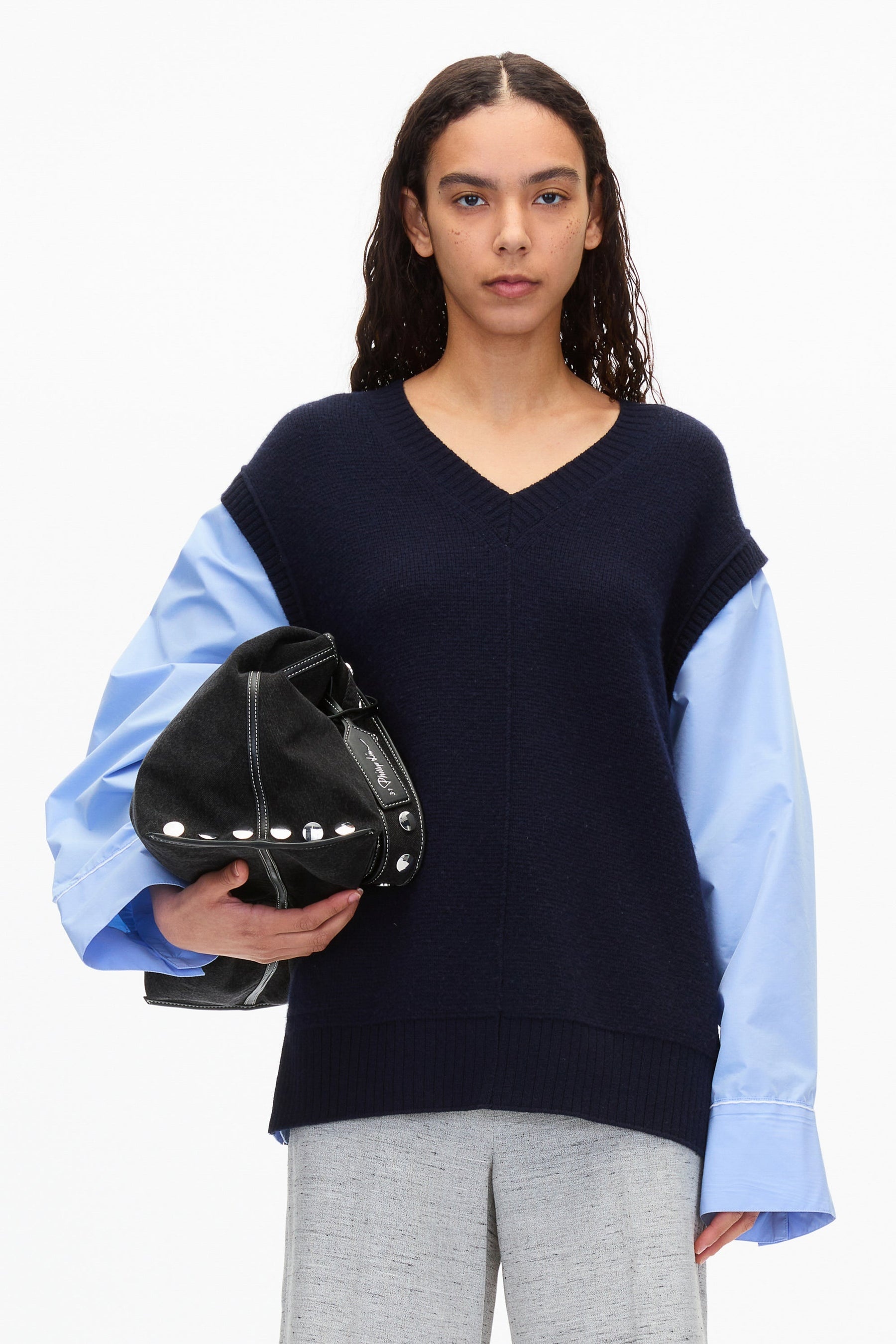 Oversized Knit Vest with Poplin Sleeves - 2