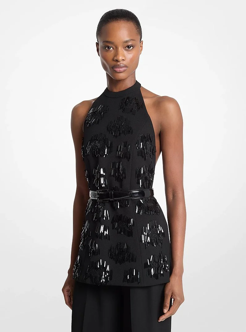 Hand-Embroidered Paillette Wool Gabardine Halter Top - 1