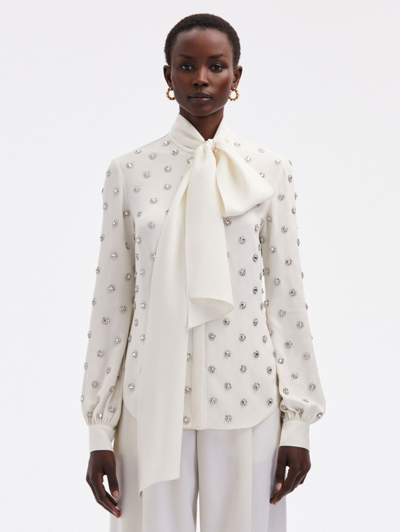CRYSTAL EMBROIDERED TIE-NECK BLOUSE - 1