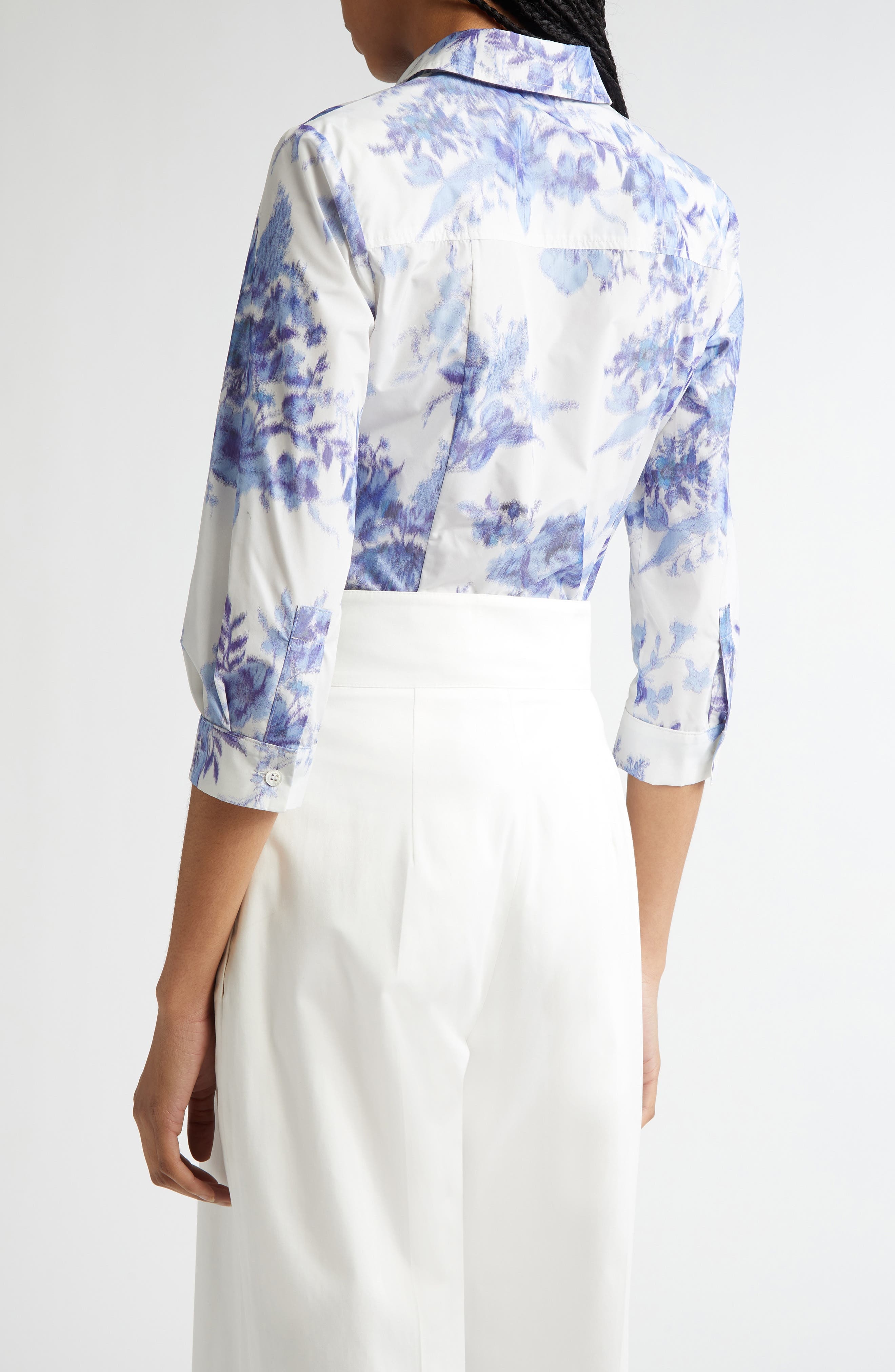 Carolina Herrera Icon Floral Taffeta Button-Up Shirt in Ivory/Blue at Nordstrom - 3