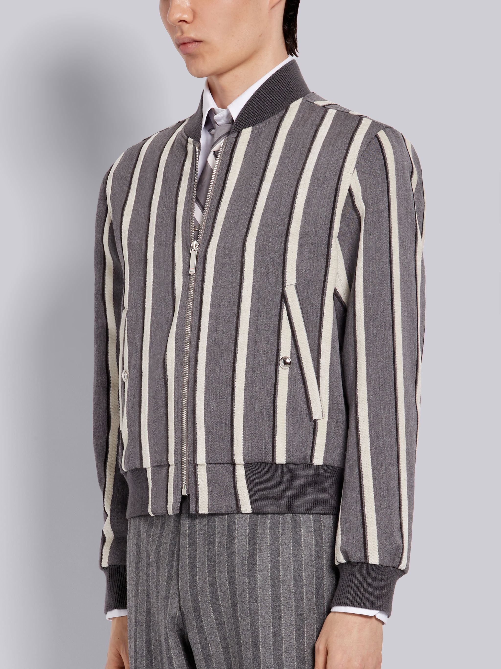 Medium Grey Bold Rep Stripe Wool Cotton Suiting Blouson Jacket - 2