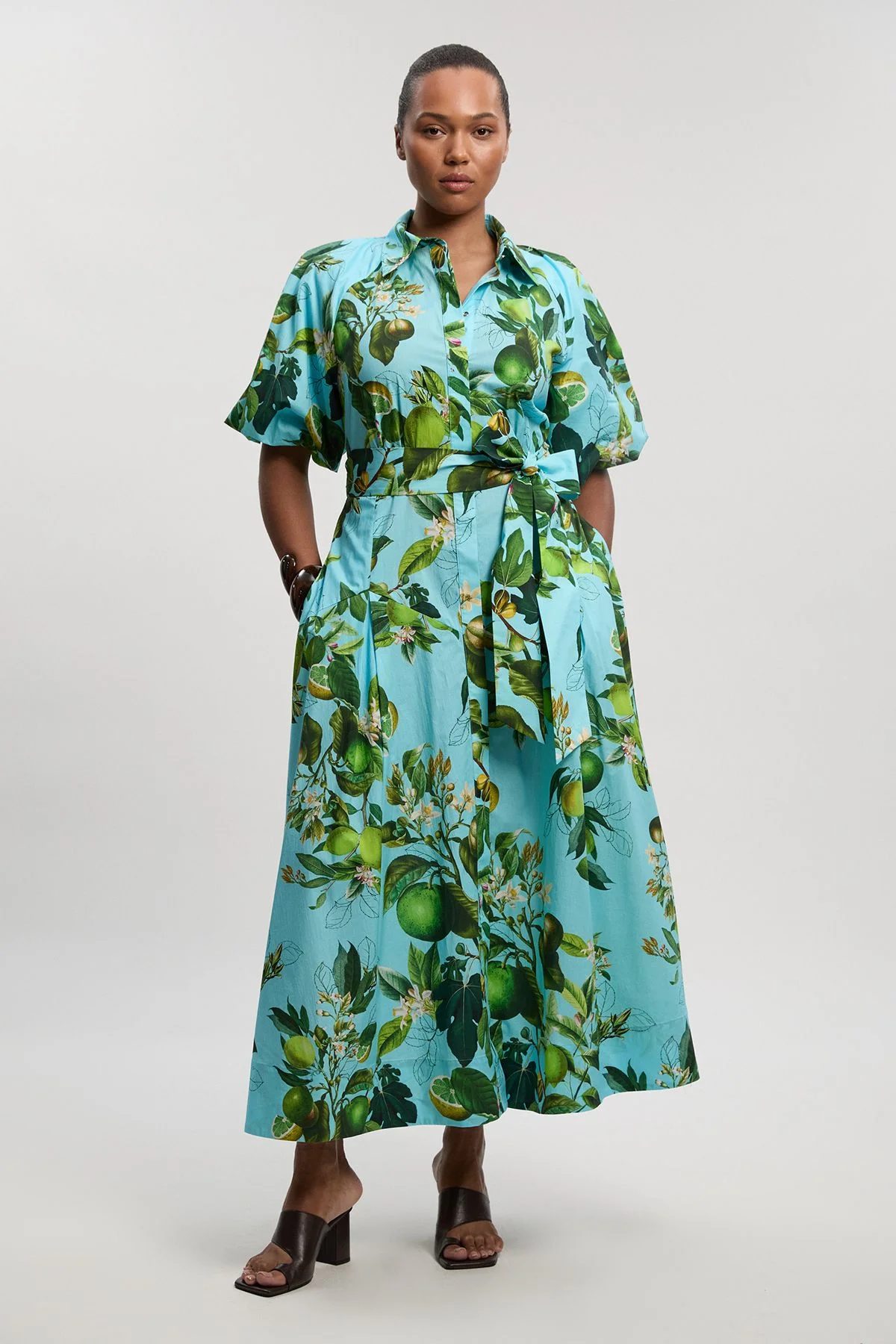 Plus Size Lime Print Cotton Puff Sleeve Woven Midi Shirt Dress With Dropped Waist Detail - 1