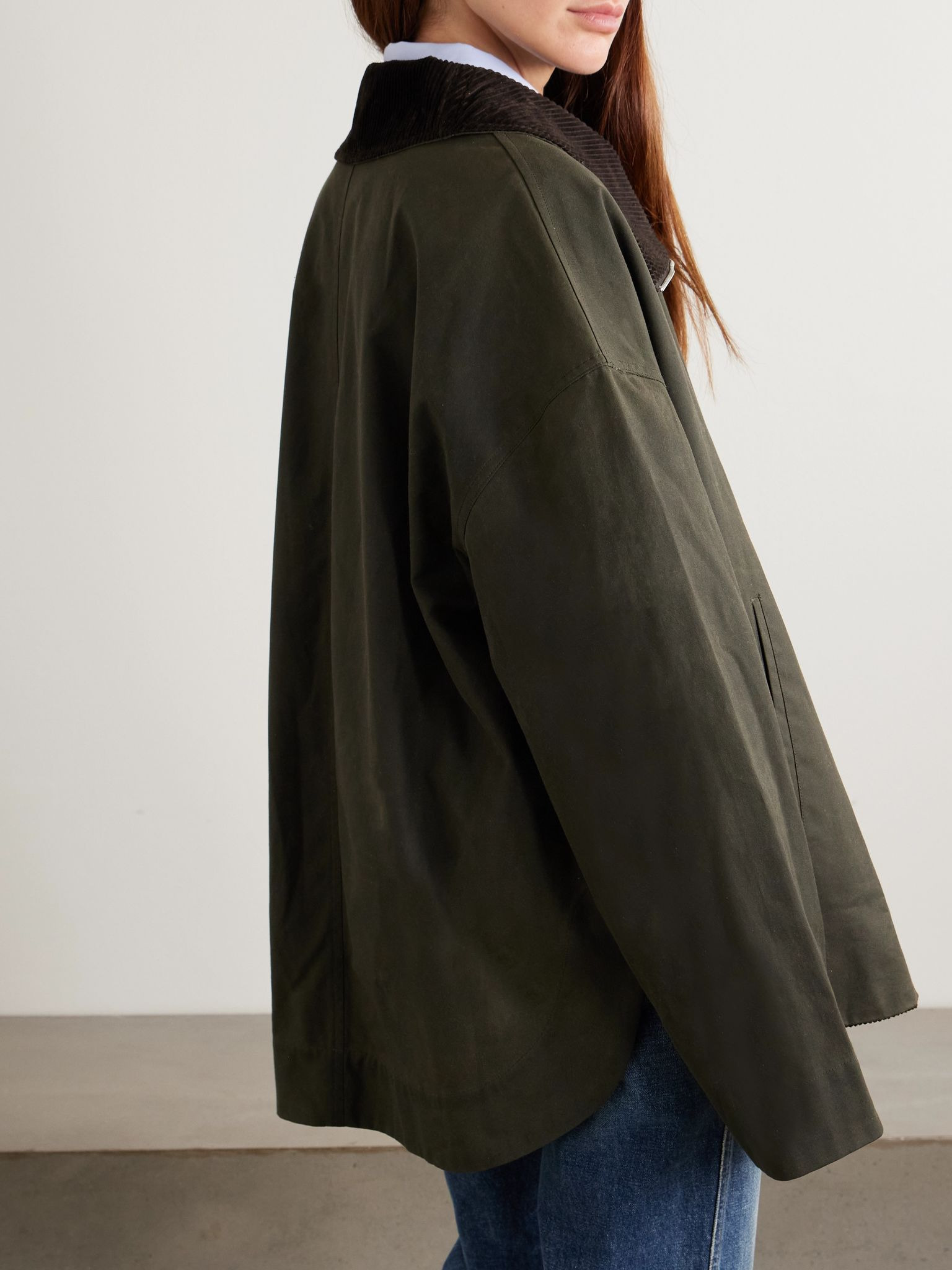 Corduroy-trimmed waxed organic cotton jacket Forest green - 3