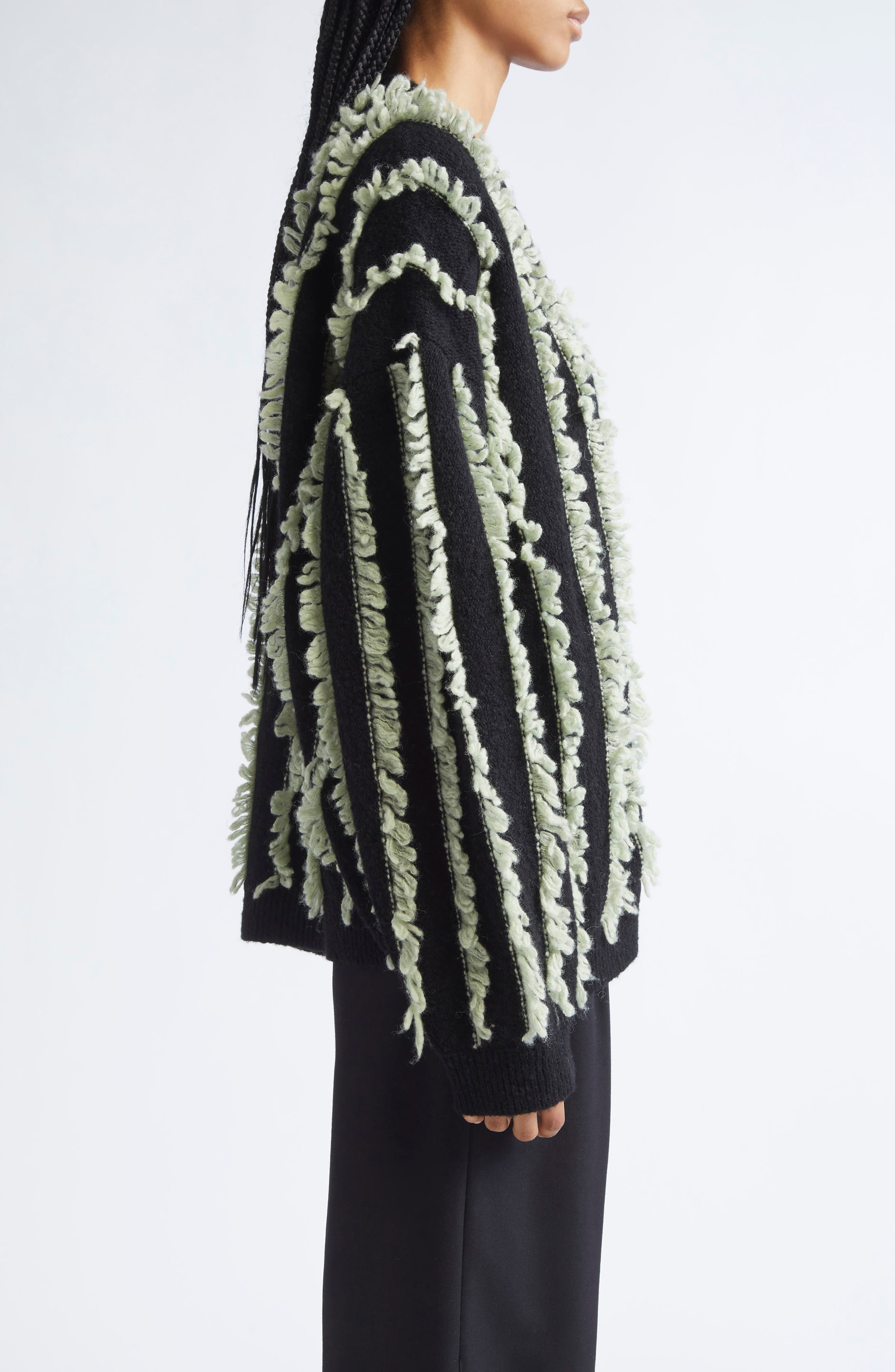 ZANKOV Joseph Fringe Stripe Merino Wool V-Neck Cardigan in Sage/Black Multi at Nordstrom - 3