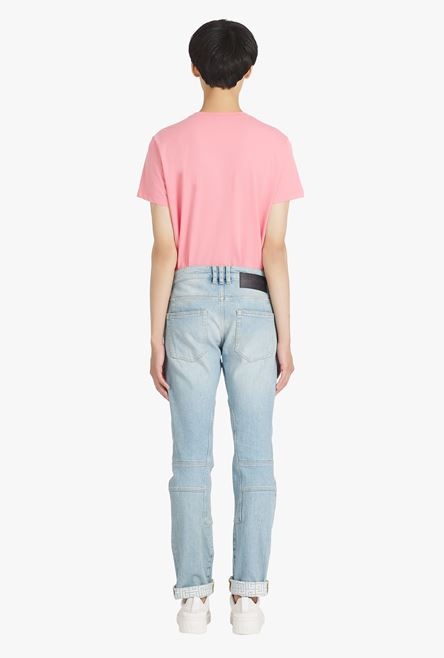 Slim cut faded and ridged light blue eco-designed denim cotton jeans with Balmain monogram on hem - 3