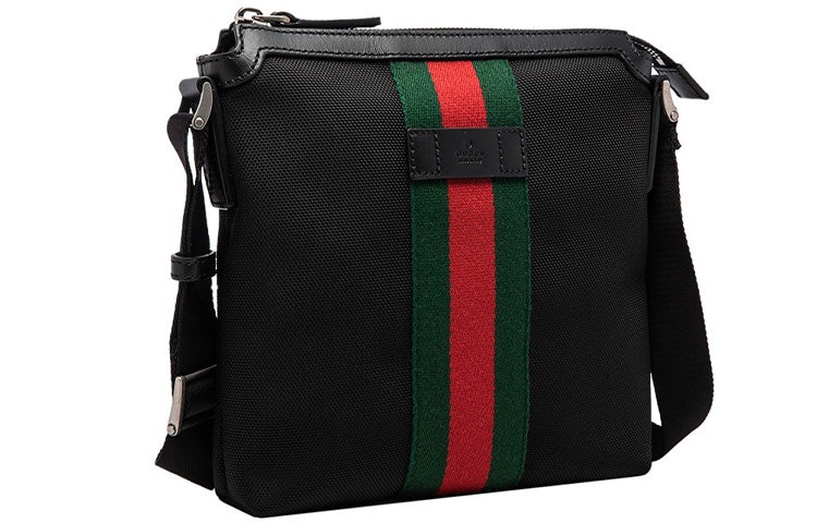 Men's Gucci Red Green Stripe Webbing Leather Logo Canvas Shoulder Messenger Bag Black 631195-KWT7N-1 - 2