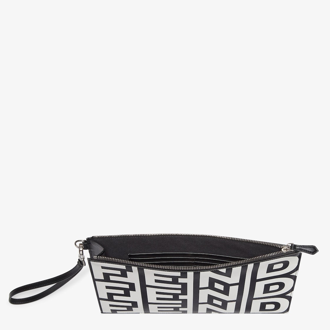 Flat pouch with removable bracelet handle. Zip fastening. Made of leather printed with the Fendi Rom - 3
