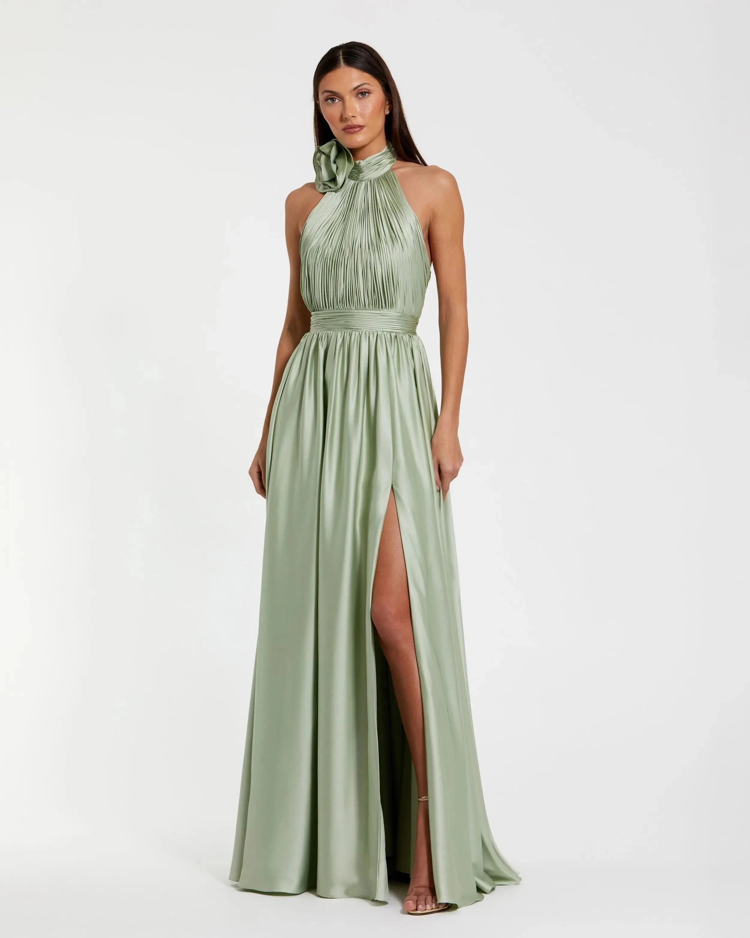 Sage Halter Neck Open Back Satin Gown With Slit - 1
