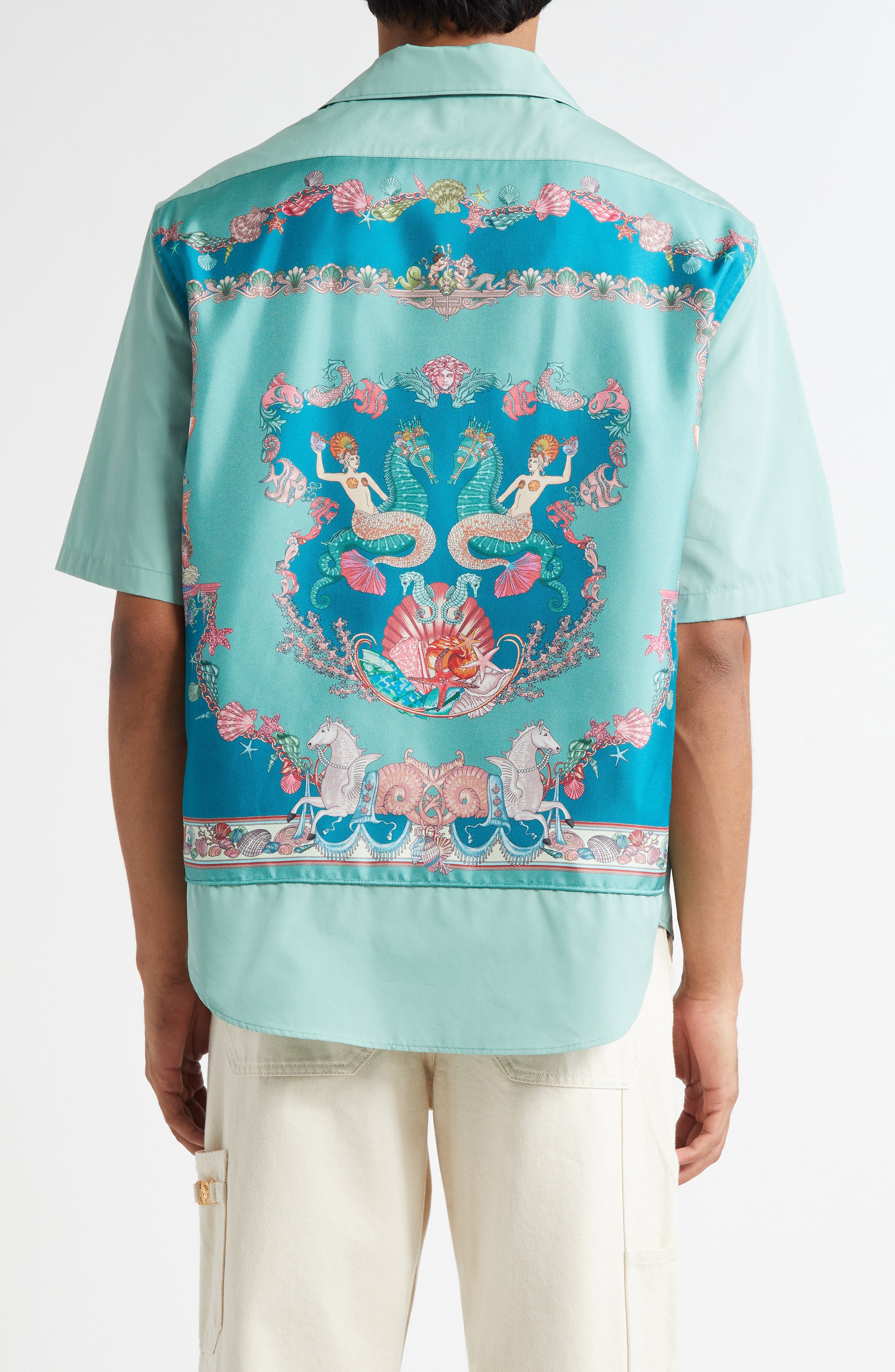 Versace Coral Theater Cotton Poplin & Silk Camp Shirt in Sea Green Dark Sea Green at Nordstrom - 3