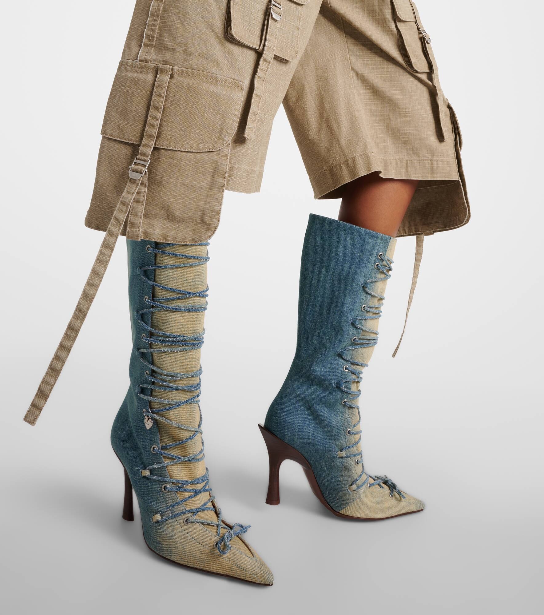 Bitten denim knee-high boots - 4