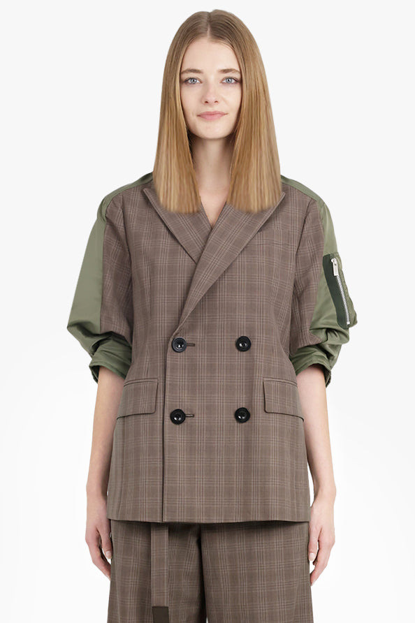 CONTRAST BALLOON S/S DOUBLE BREASTED CHECK JACKET | BROWN/GREEN - 3