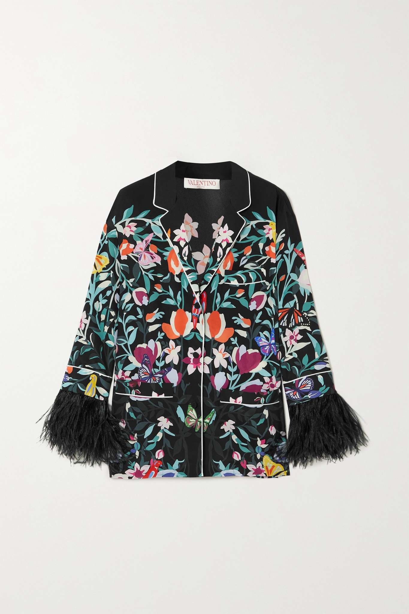 Feather-trimmed printed silk crepe de chine shirt - 1