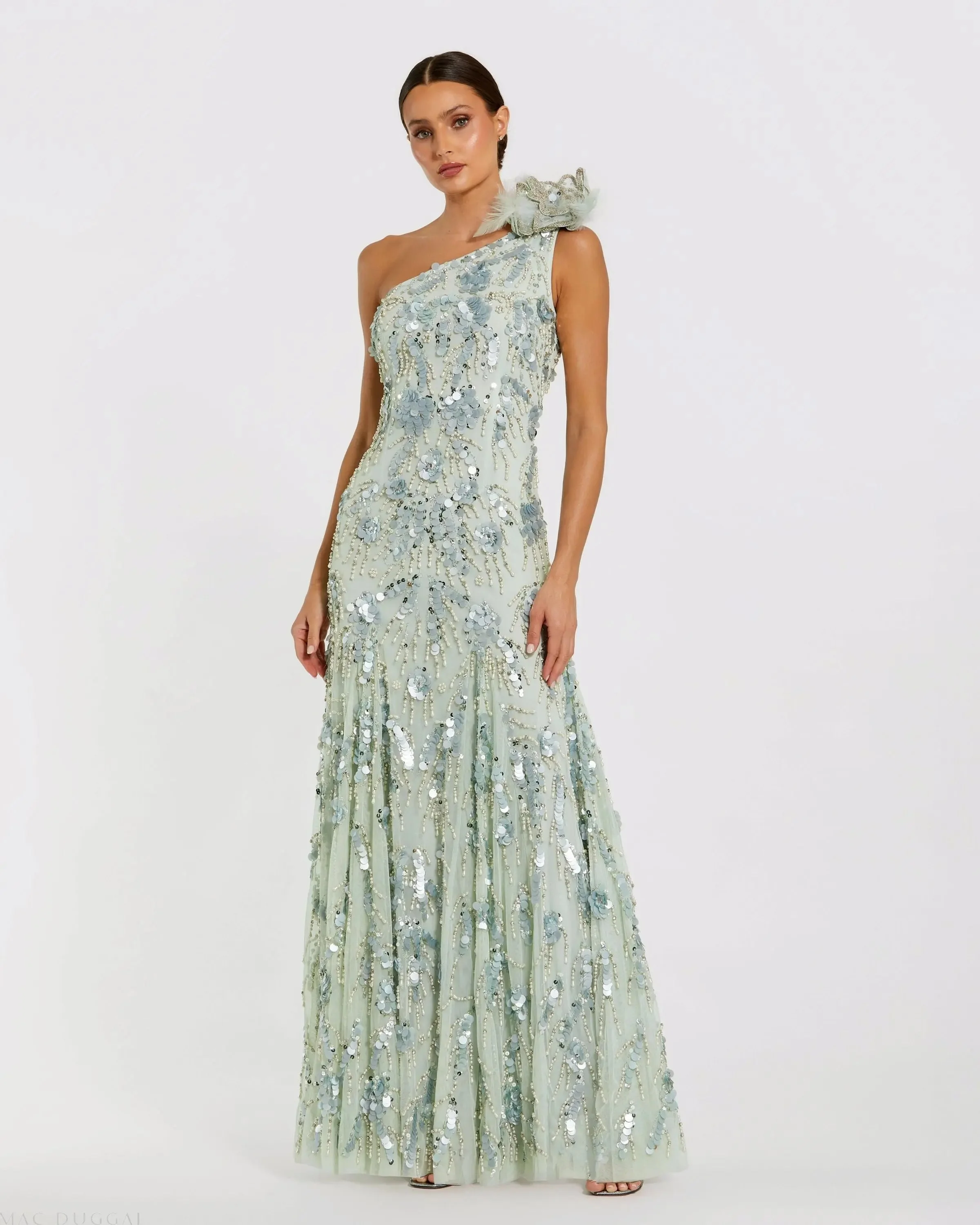 Green Embellished One Shoulder Trumpet Gown with Flower - 1