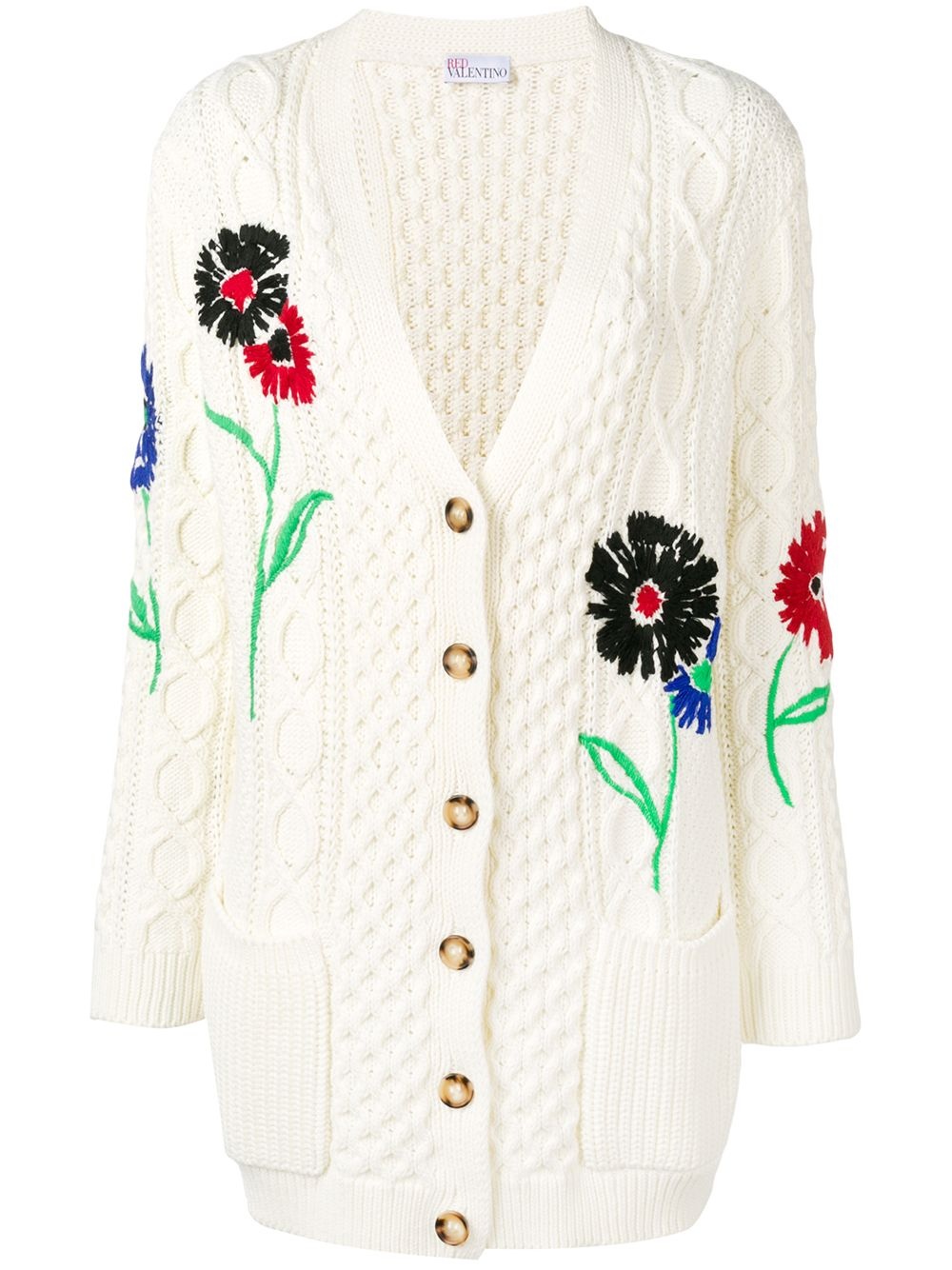 floral-embroidered cable-knit cardigan - 1
