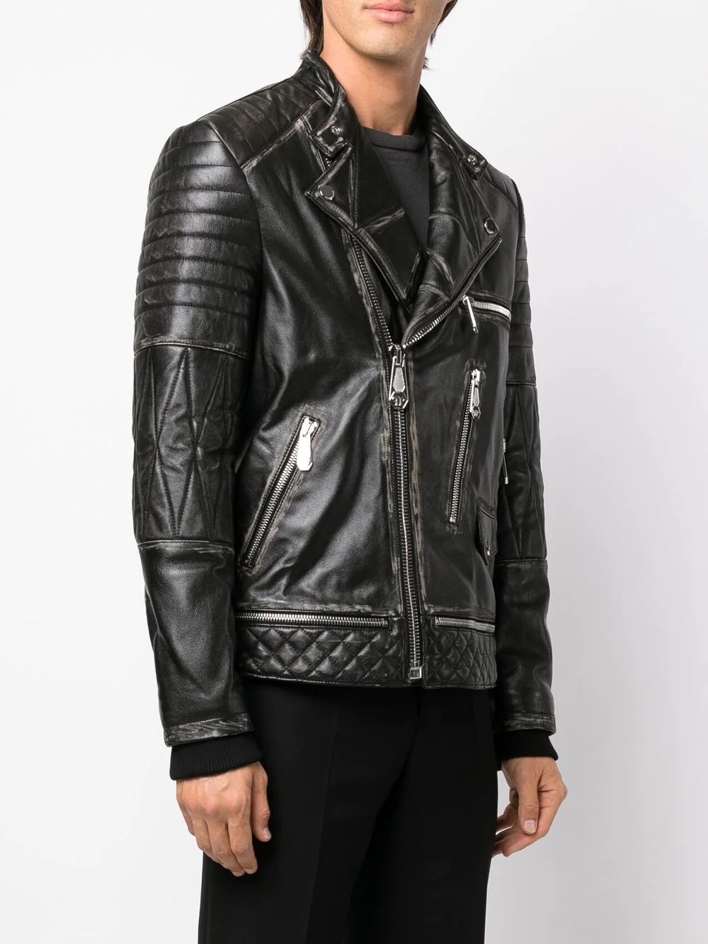 logo-plaque leather biker jacket - 3