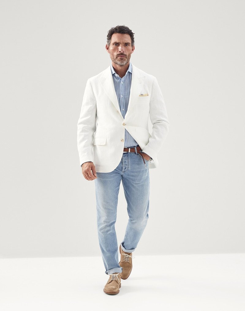Brunello Cucinelli Smooth linen and lyocell striped twill basic fit shirt with spread collar outlook