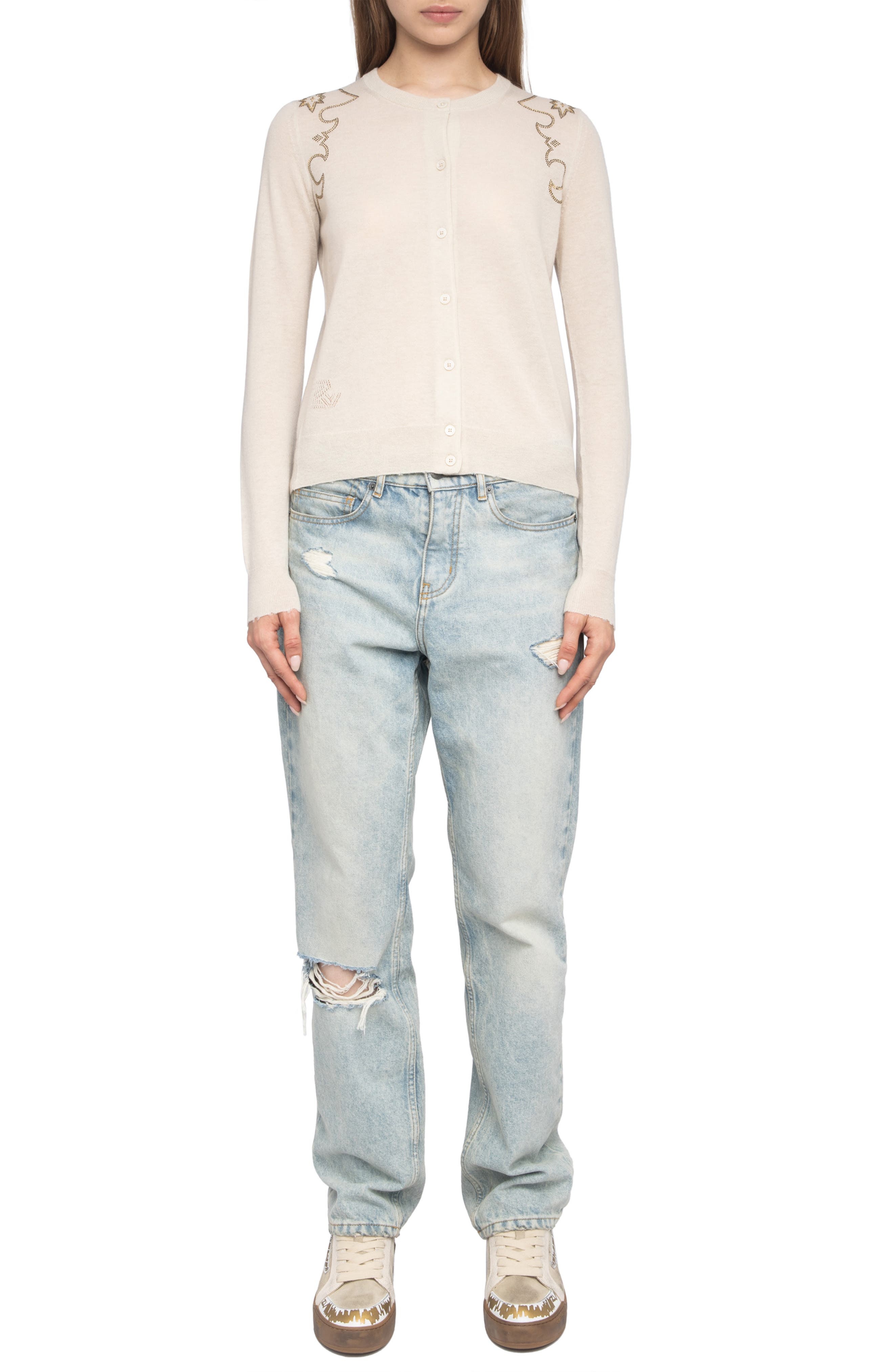 Zadig & Voltaire Missya West Strass Rhinestone Cardigan in Ecru at Nordstrom - 7