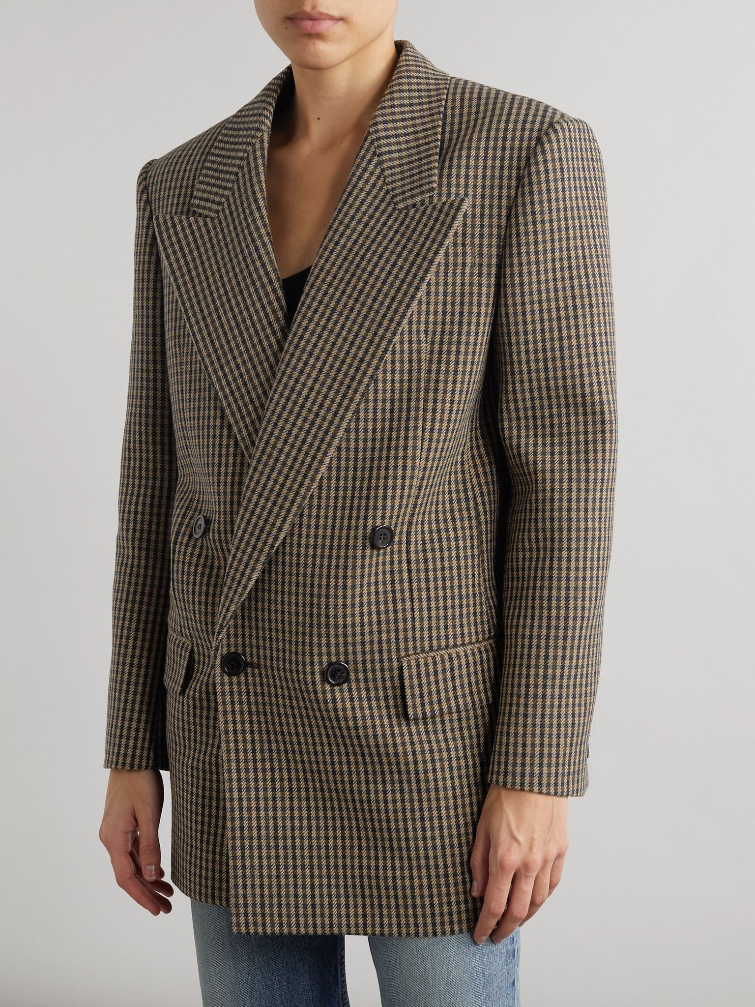 Double-breasted checked wool-blend blazer Beige - 3