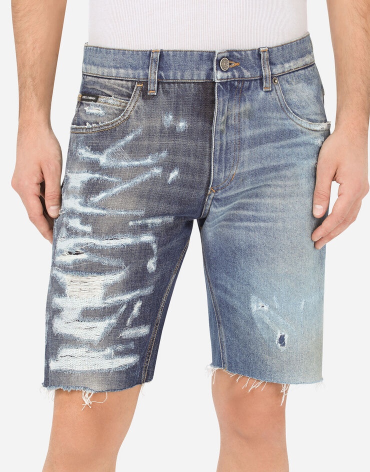 Denim shorts with repaired rips - 4