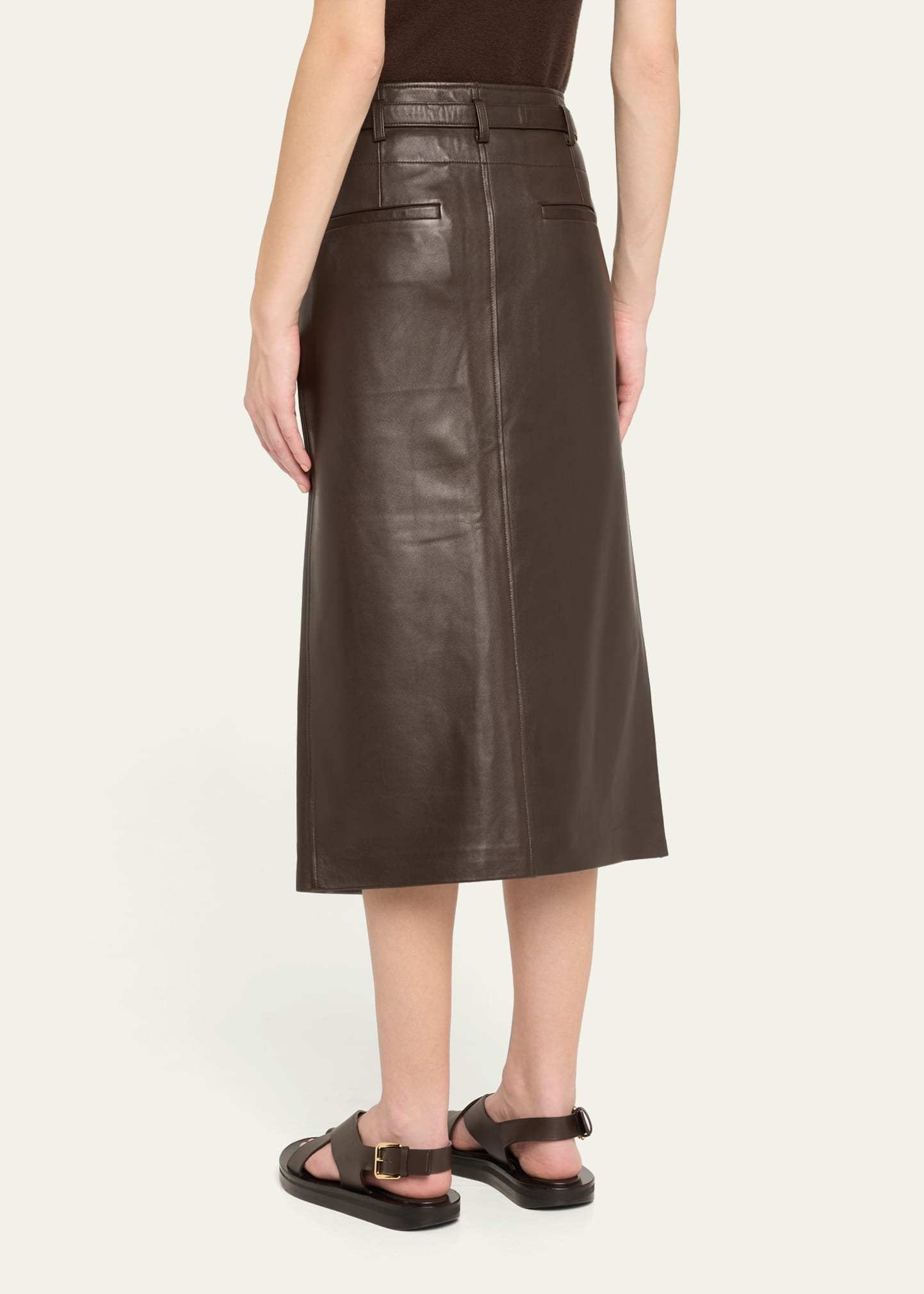 Leather Belted Front Split Midi Skirt - 3
