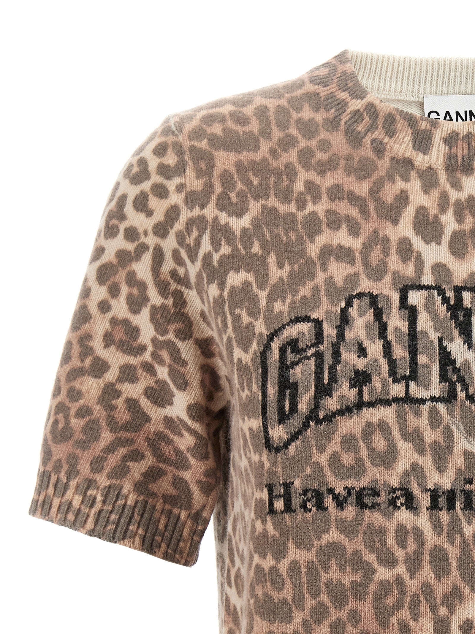 Leopard Wool Mix T-Shirt Brown - 3