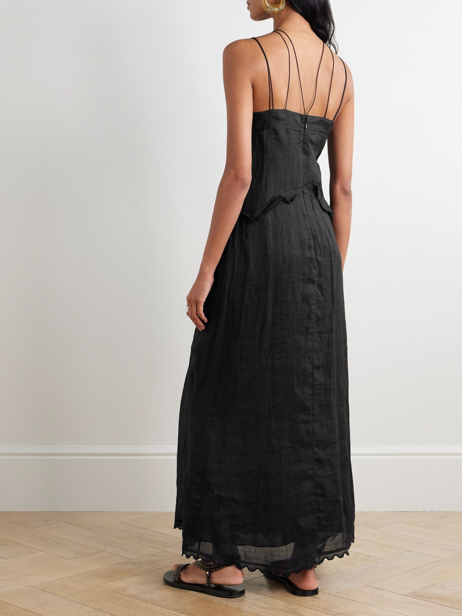 Lindy lace-trimmed embroidered ramie maxi dress Black - 3