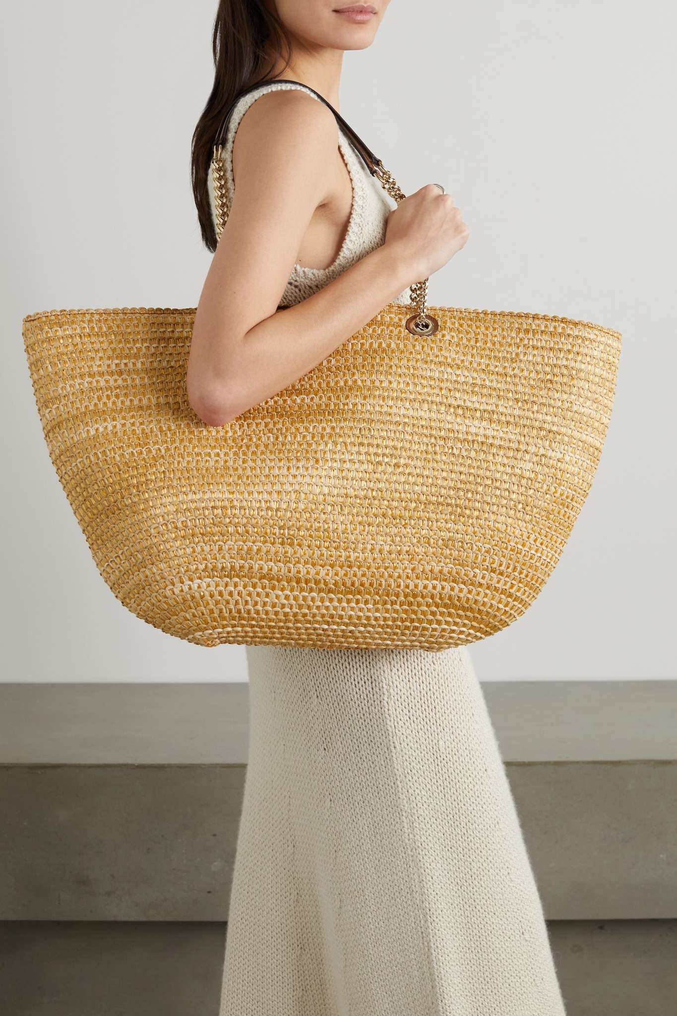 Mari leather-trimmed raffia tote - 2