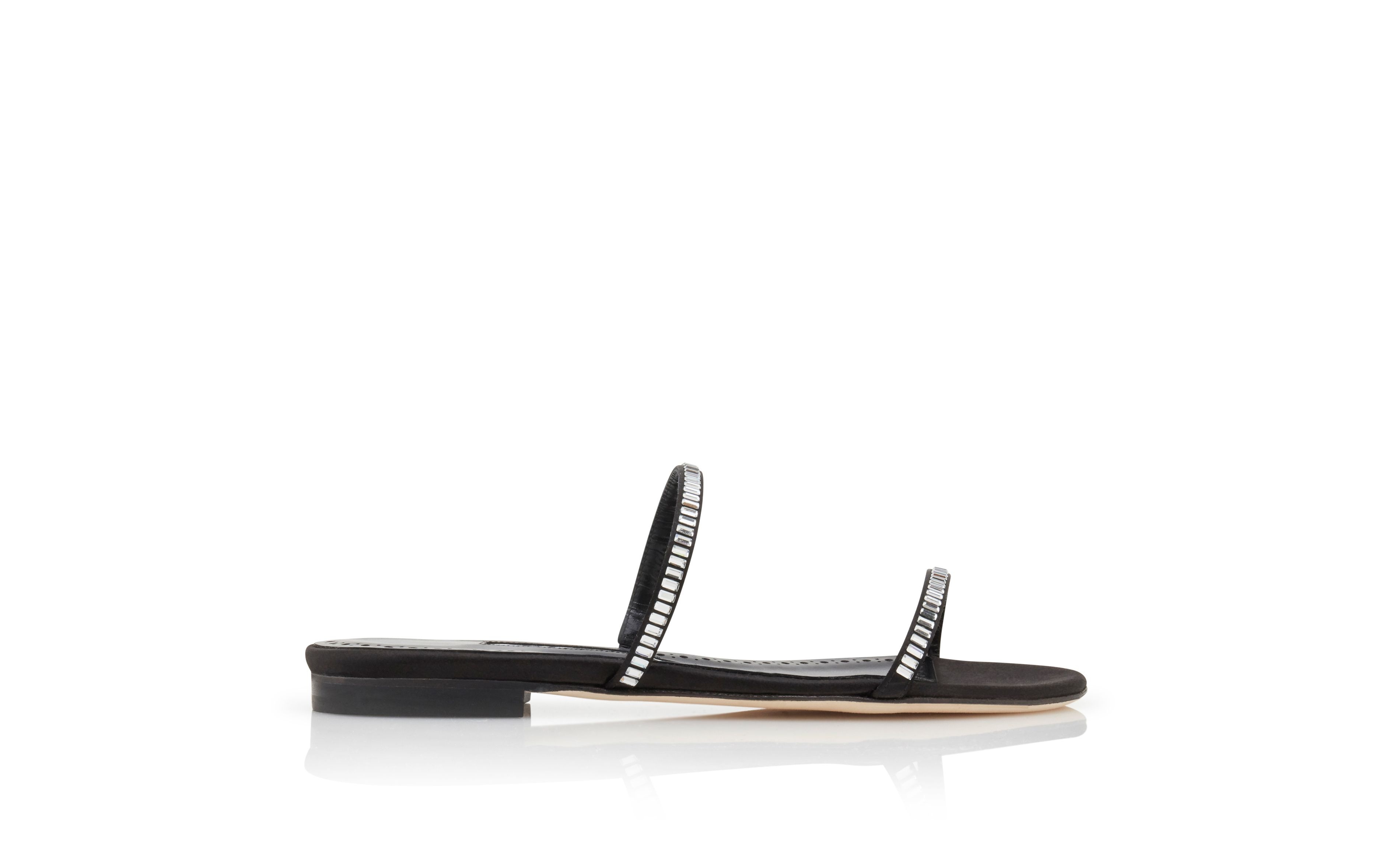 Black Satin Crystal Embellished Flat Sandals - 1