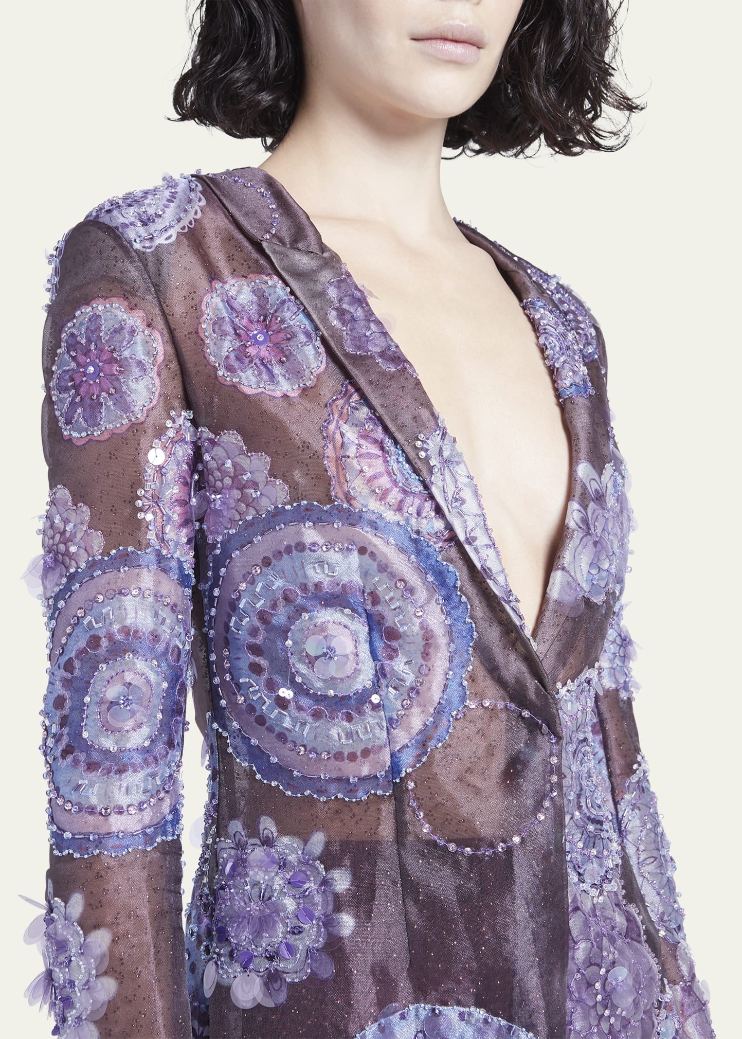Sheer Printed Blazer Jacket with Beaded Details - 5