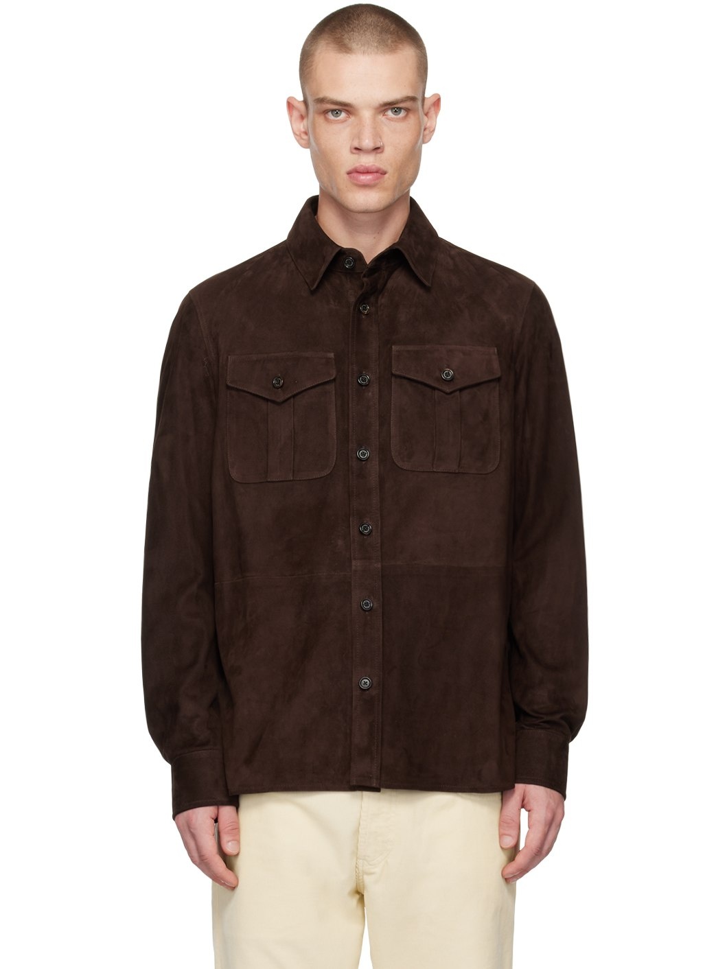 Brown Spread Collar Suede Jacket - 1