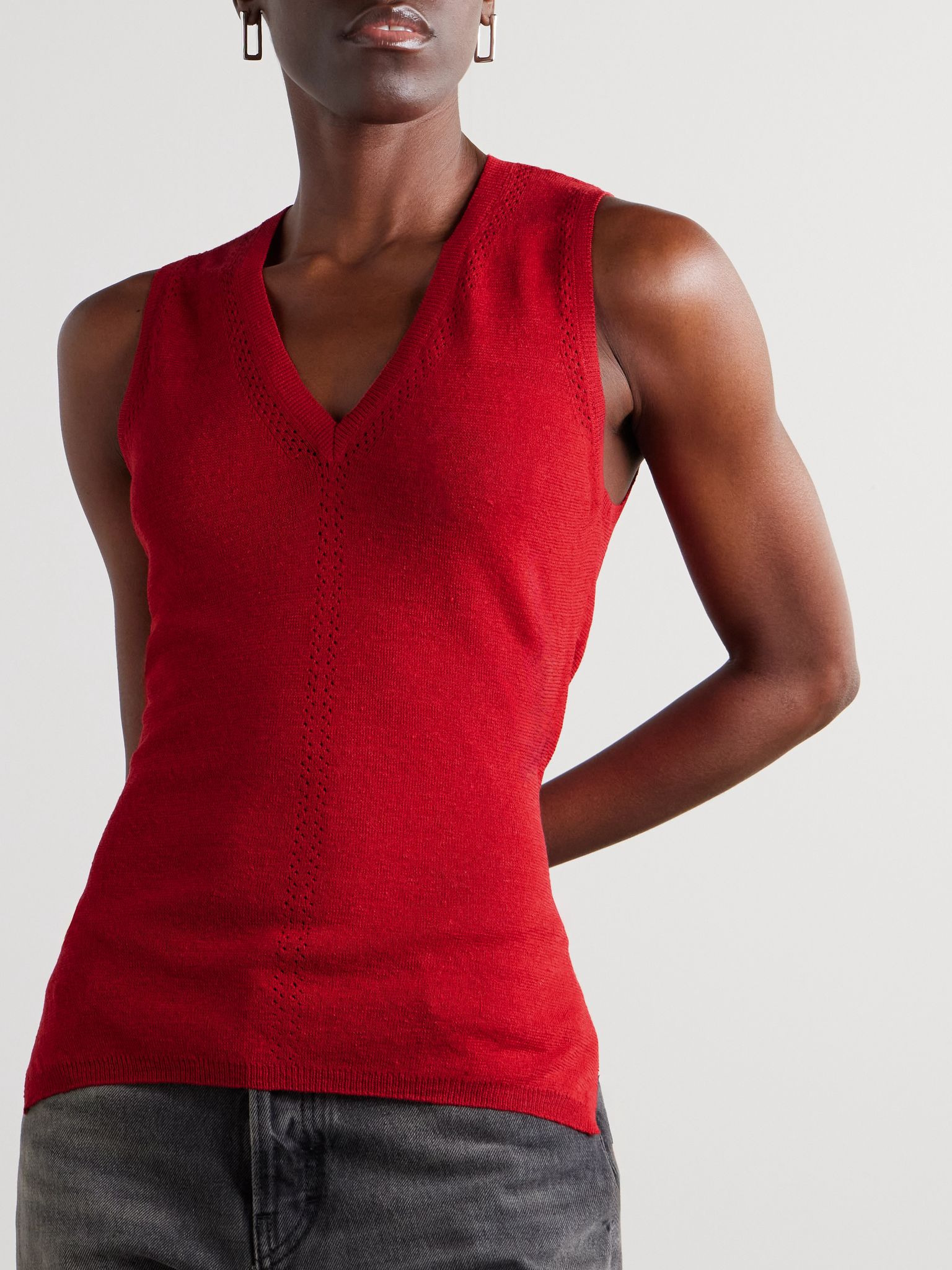 Heyde draped pointelle-trimmed linen-blend tank Red - 3