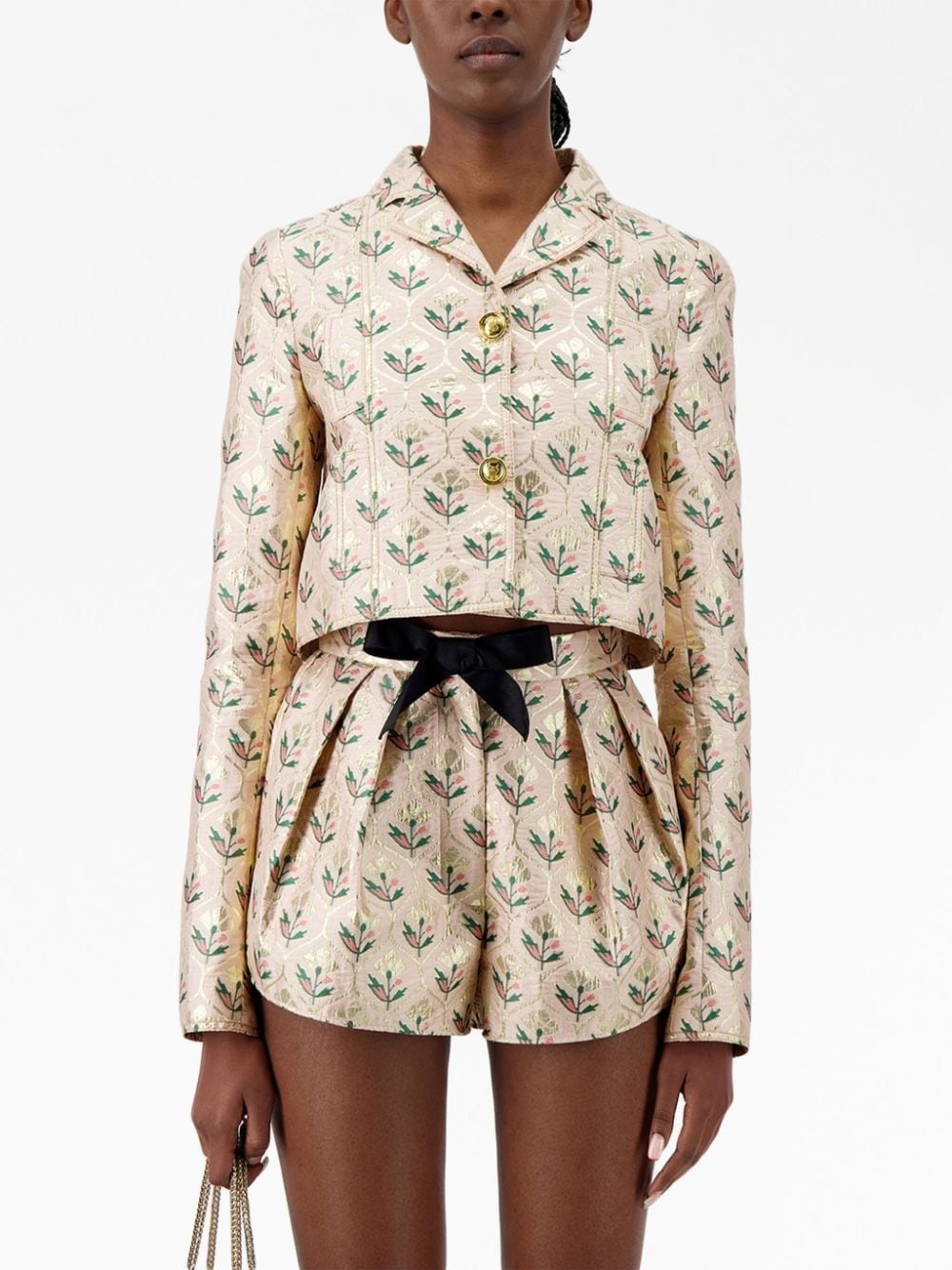 floral-jacquard bow-trim shorts - 5