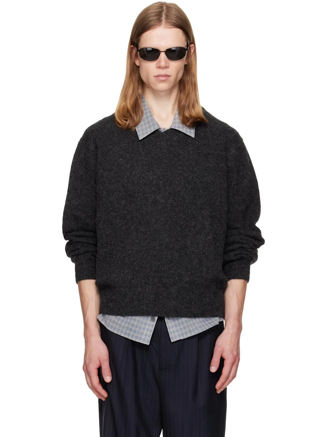 Gray Brushed Shaggy Dog V-Neck Sweater - 1