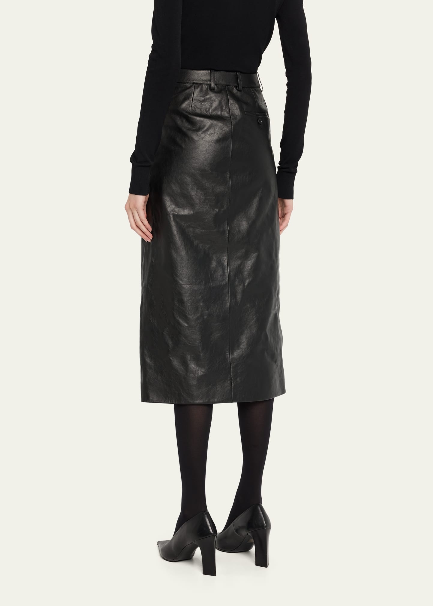 Slit Tailored Leather Midi Skirt - 3