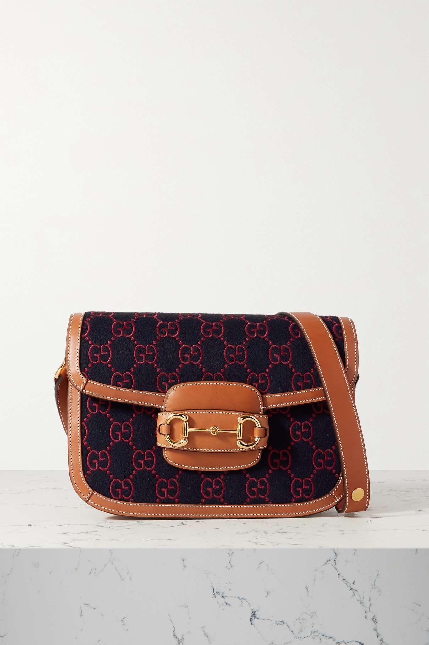 Horsebit 1955 leather-trimmed wool-jacquard shoulder bag - 1