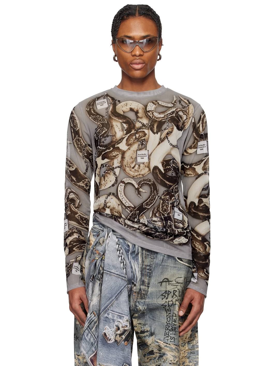 Gray Printed Long Sleeve T-shirt - 1