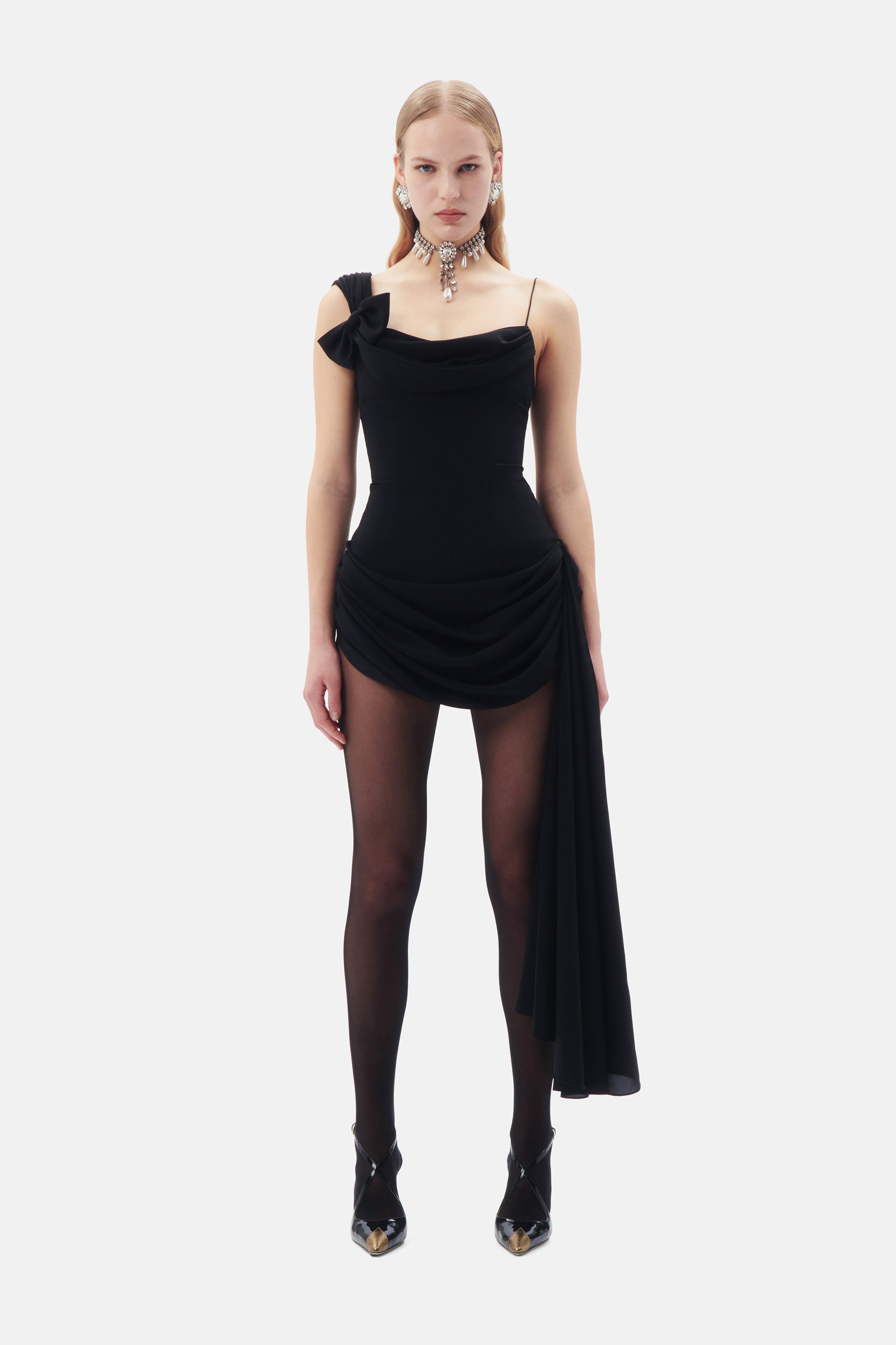 SILK DRAPED MINI DRESS WITH BOW - 4