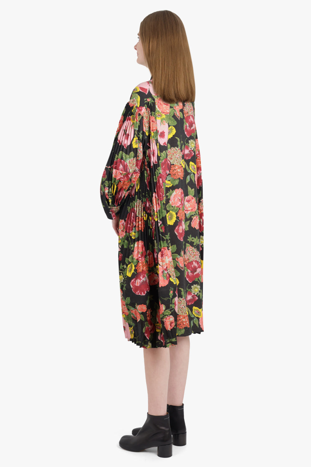 FLORAL PRINT L/S PLEAT MIDI SHIRT DRESS | BLACK/PINK - 5