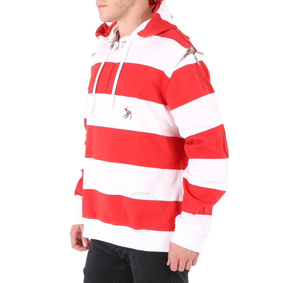 Burberry Men's Red Zip Detail Striped Cotton Hoodie - 5