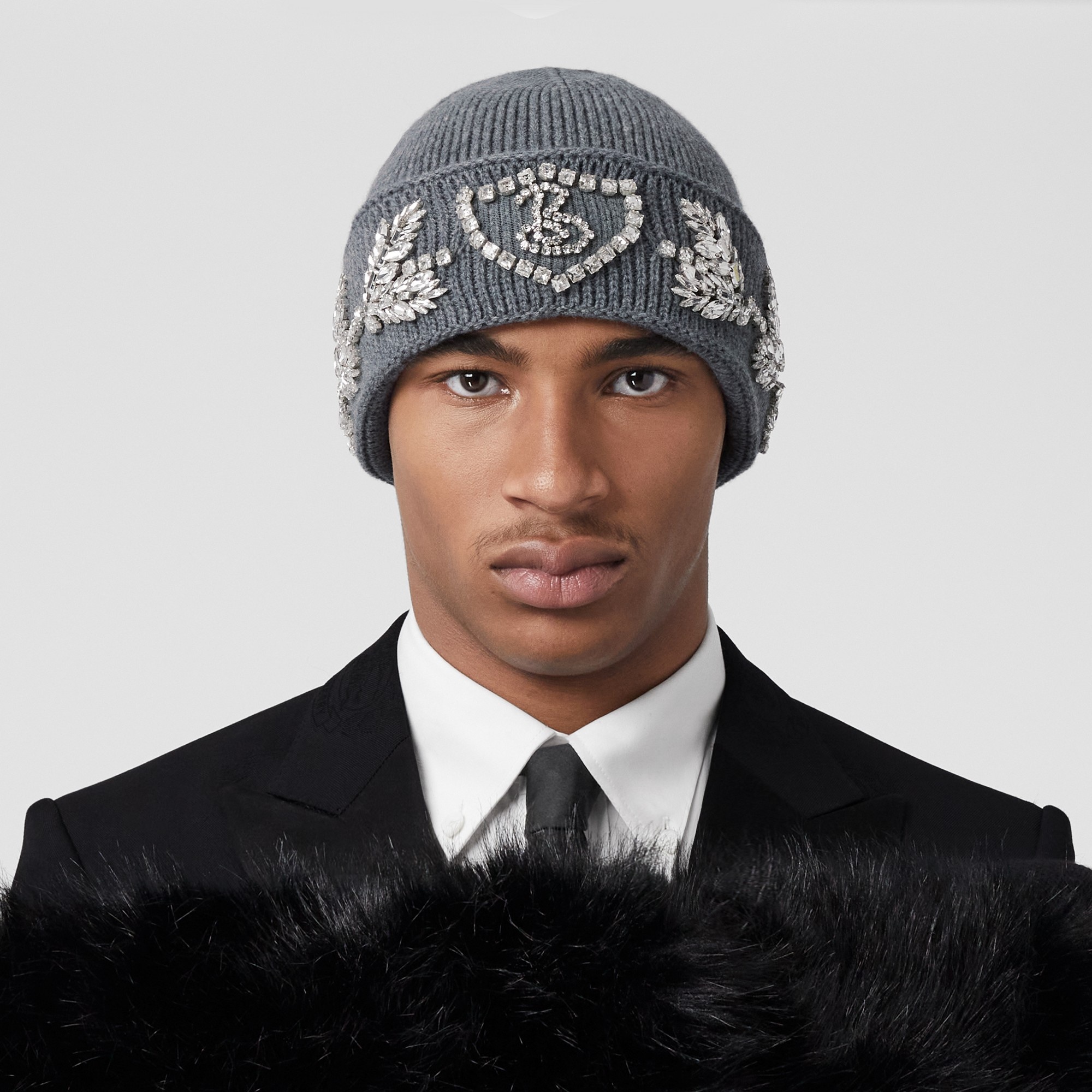 Crystal Oak Leaf Crest Wool Cashmere Beanie - 4